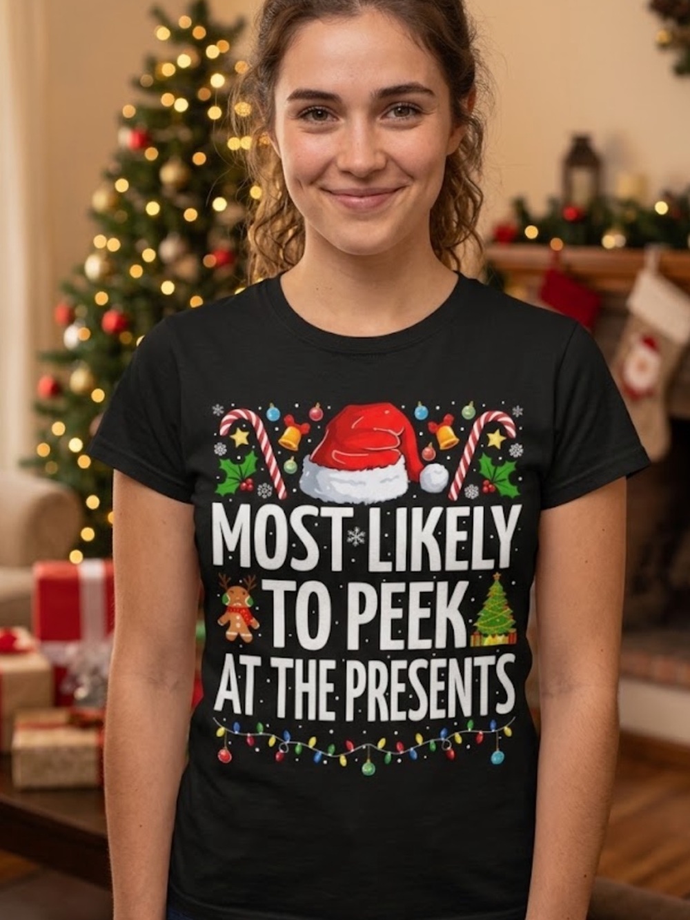 Most Likely to Peek at Presents Design 100% Cotton Tee sz XL